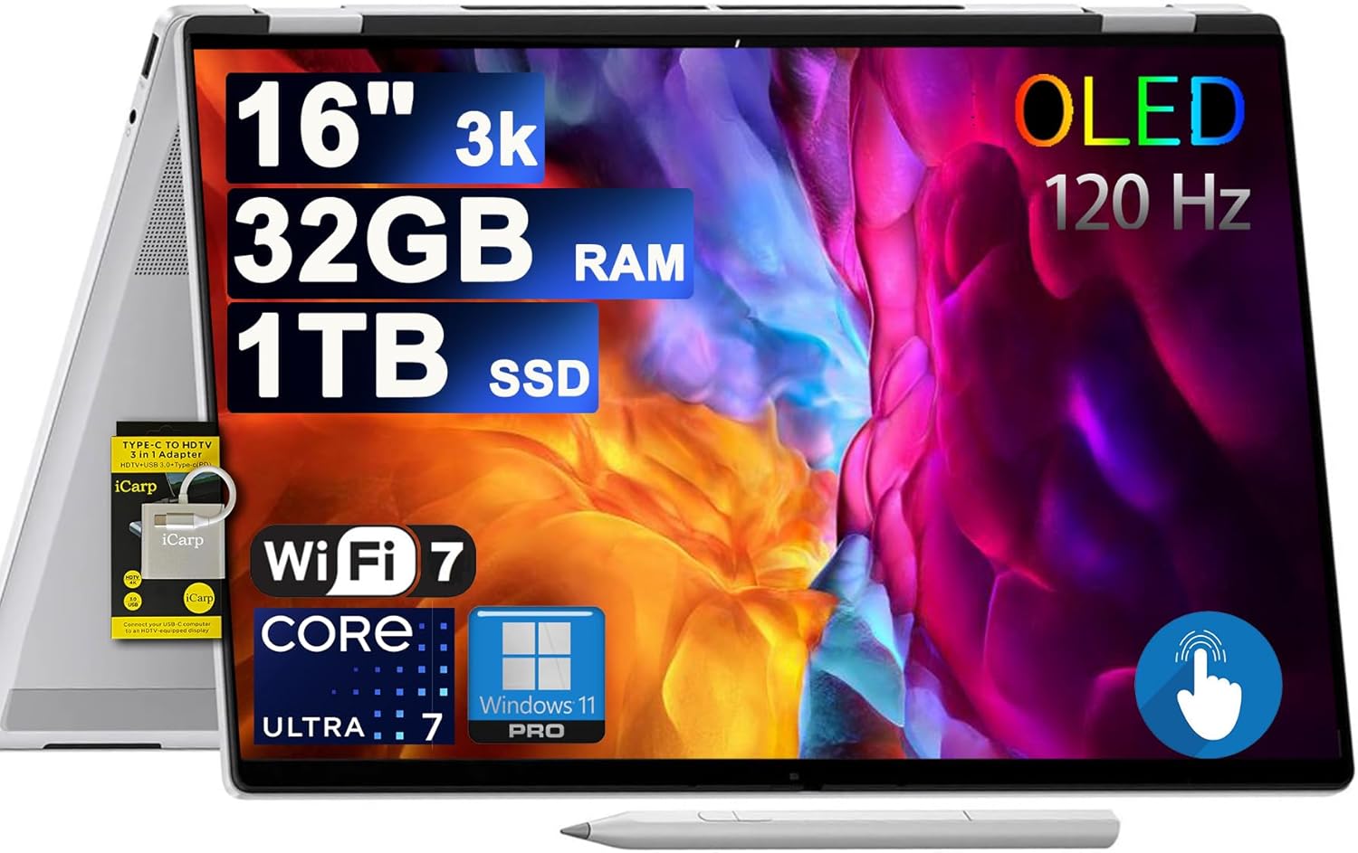 HP OmniBook 7 Flip 16 2-in-1 Professional Business Laptop 16' 3k OLED Touch Intel 8-core Ultra 7 Series 2 258V (Up to 47 Tops) 32GB RAM 1TB SSD 5MP IR Camera Wi-Fi7 Pen Win11Pro ICP Hub