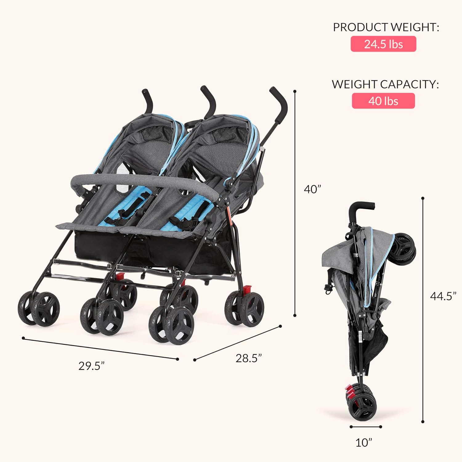 Dream On Me Volgo Twin Baby Stroller, Lightweight Side-by-Side Double Umbrella Stroller with Adjustable Canopy, 5-Point Harness, Storage Basket & Travel-Friendly Fold – Blue and Dark Grey