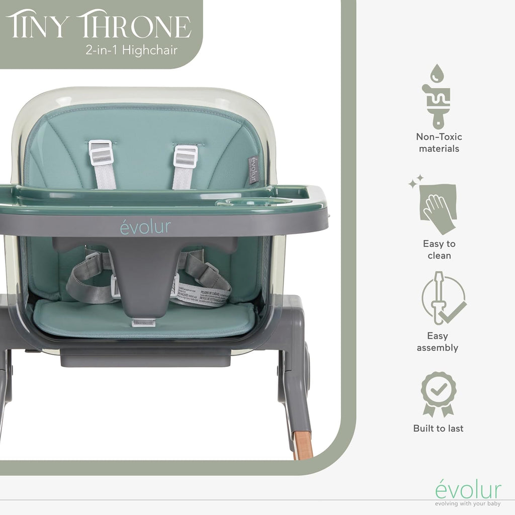 Evolur Tiny Throne 3-in-1 Convertible High Chair, Removable & Dishwasher Safe Tray, Converts to Booster Seat & Adult Stool, Easy-to-Clean Feeding Solution – Matcha Green