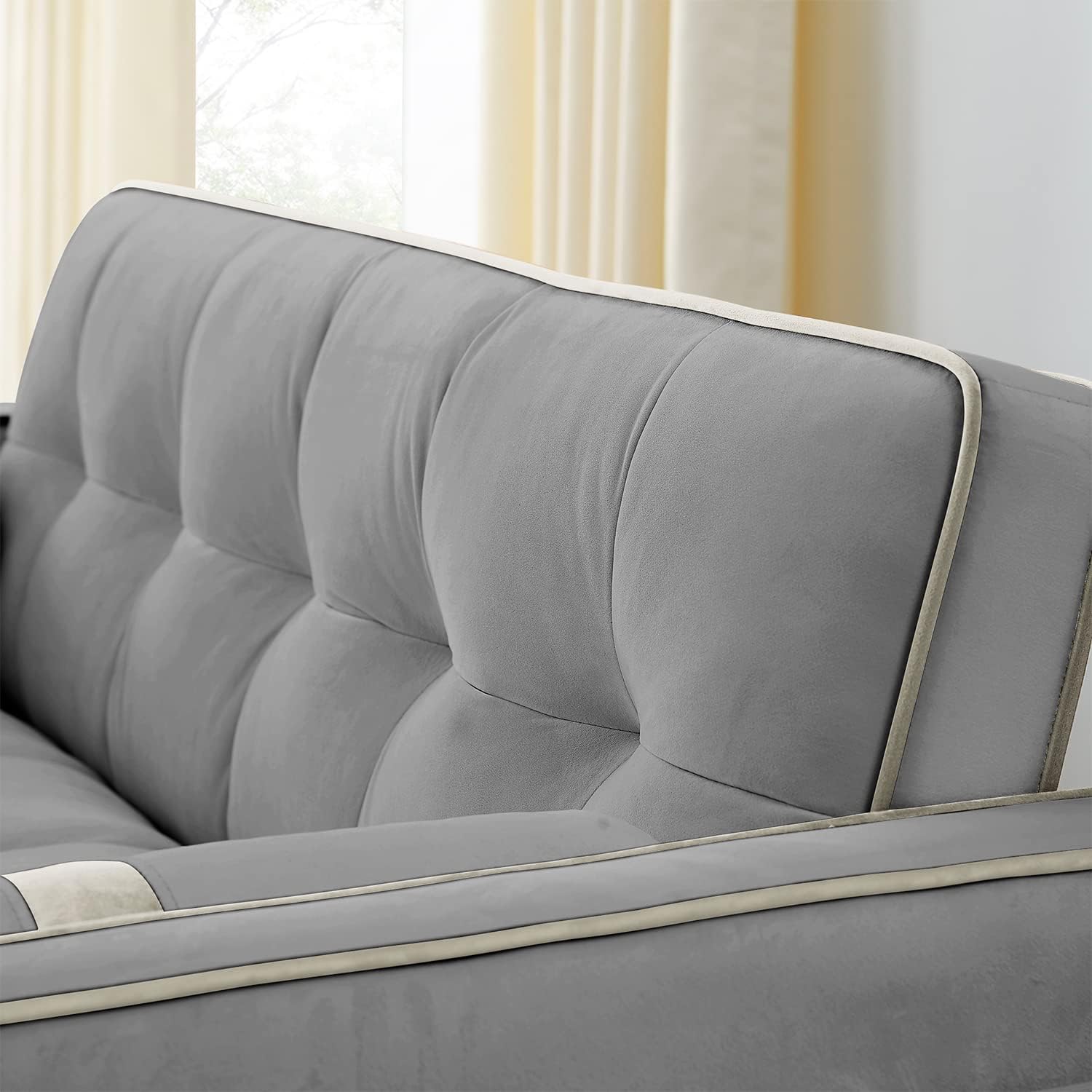 3 in 1 Sleeper Sofa Couch Bed, Small Tufted Velvet Convertible Loveseat Futon Sofa w/Pullout Bed, Adjustable Backrest, Cylinder Pillows for Living Room Apartment, Easy to Assemble, Grey, 55.5'