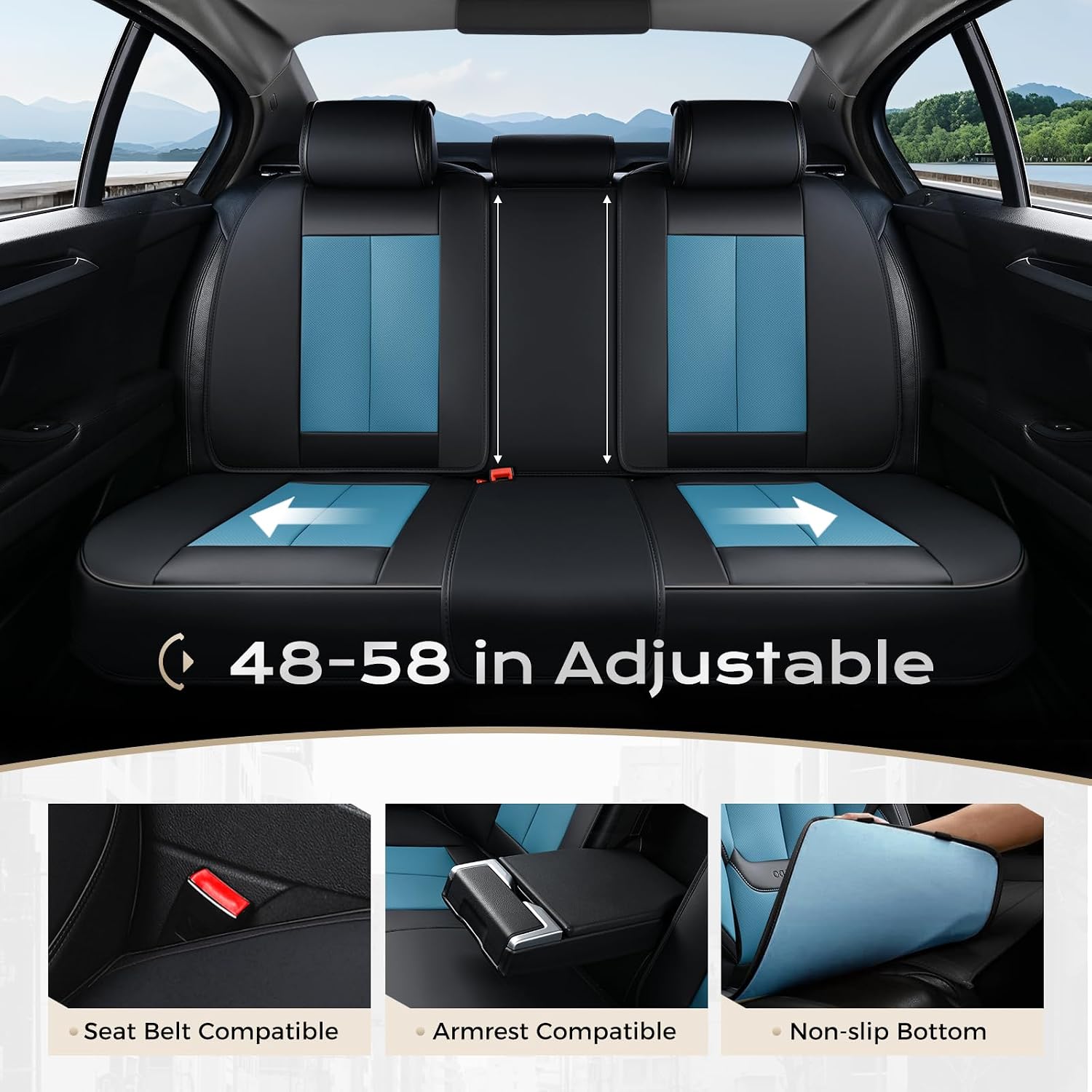Coverado Seat Covers Full Set, Seat Covers for Cars, 5 Seats Waterproof Nappa Leather Car Seat Covers with Head Pillow, Seat Protectors Car Seat Cushion Universal Fit for Most Cars (Black&Blue)