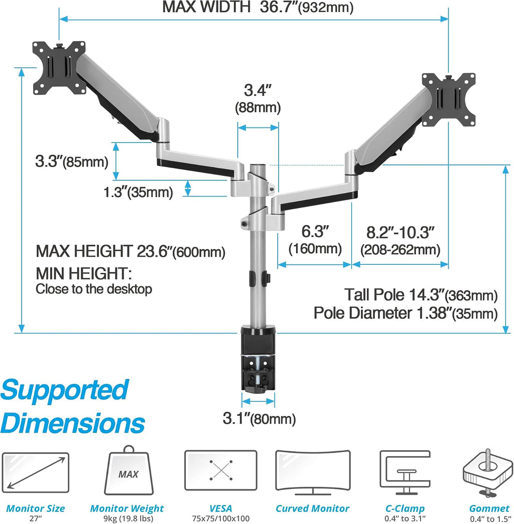 AVLT Dual 13 to 27 in Stacked Monitor Arm Desk Mount, Fits Two Flat or Curved Screens, Full Motion Height Adjustable Swivel Tilt Rotation, VESA C-Clamp Grommet Cable Management