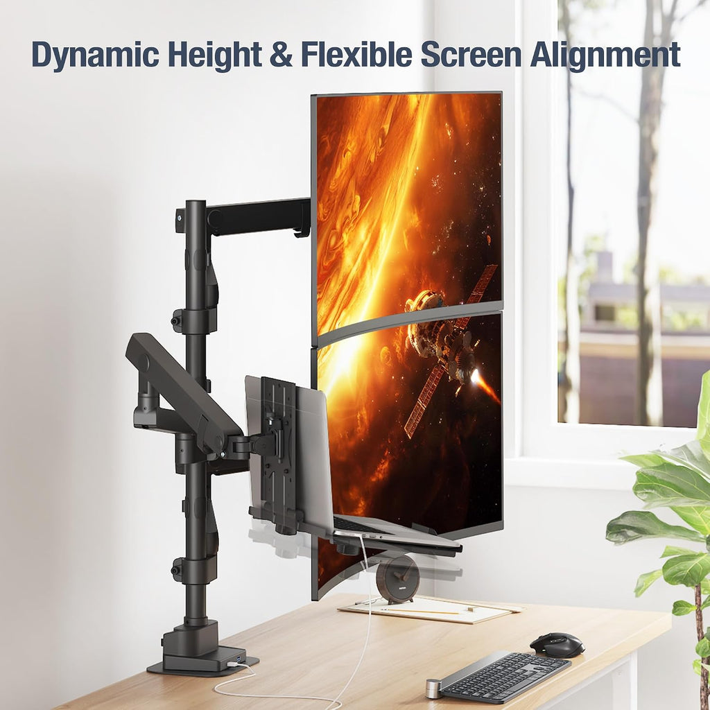AVLT Laptop & Dual 40 Inch Stacking Monitor Arm Pole Top Mount with USB-C&A Ports-Black, Supports 26.4 lbs (12kg), Ultrawide Screen Fit, VESA Compatible, Multi-Screens, Ergonomic Workspace Upgrade