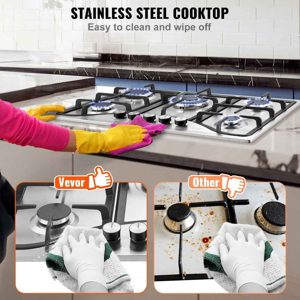 VEVOR 30-inch Gas Cooktop, 5 Burners Built-in Gas Stove Top, Max 12250BTU NG/LPG Convertible Stainless Steel Cooktops, with Thermocouple Protection for Camping, RV, Apartment