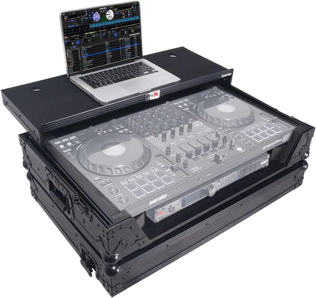 ProX XS-DDJFLX10WLTBL ATA Flight Style Road Case For Pioneer DDJ-FLX10 DJ Controller with Laptop Shelf 1U Rack Space Wheels and LED Black Finish