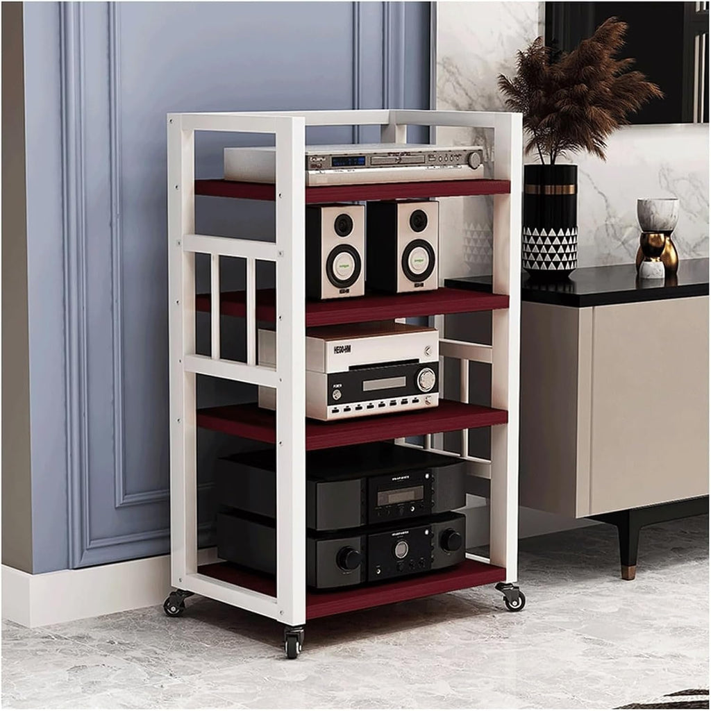 Audio Rack 4 Tier Stereo Rack Audio Equipment Rack Audio Stereo Shelf Wooden Open HiFi Rack Audio-Video Shelving with Wheels Movable(Brown)