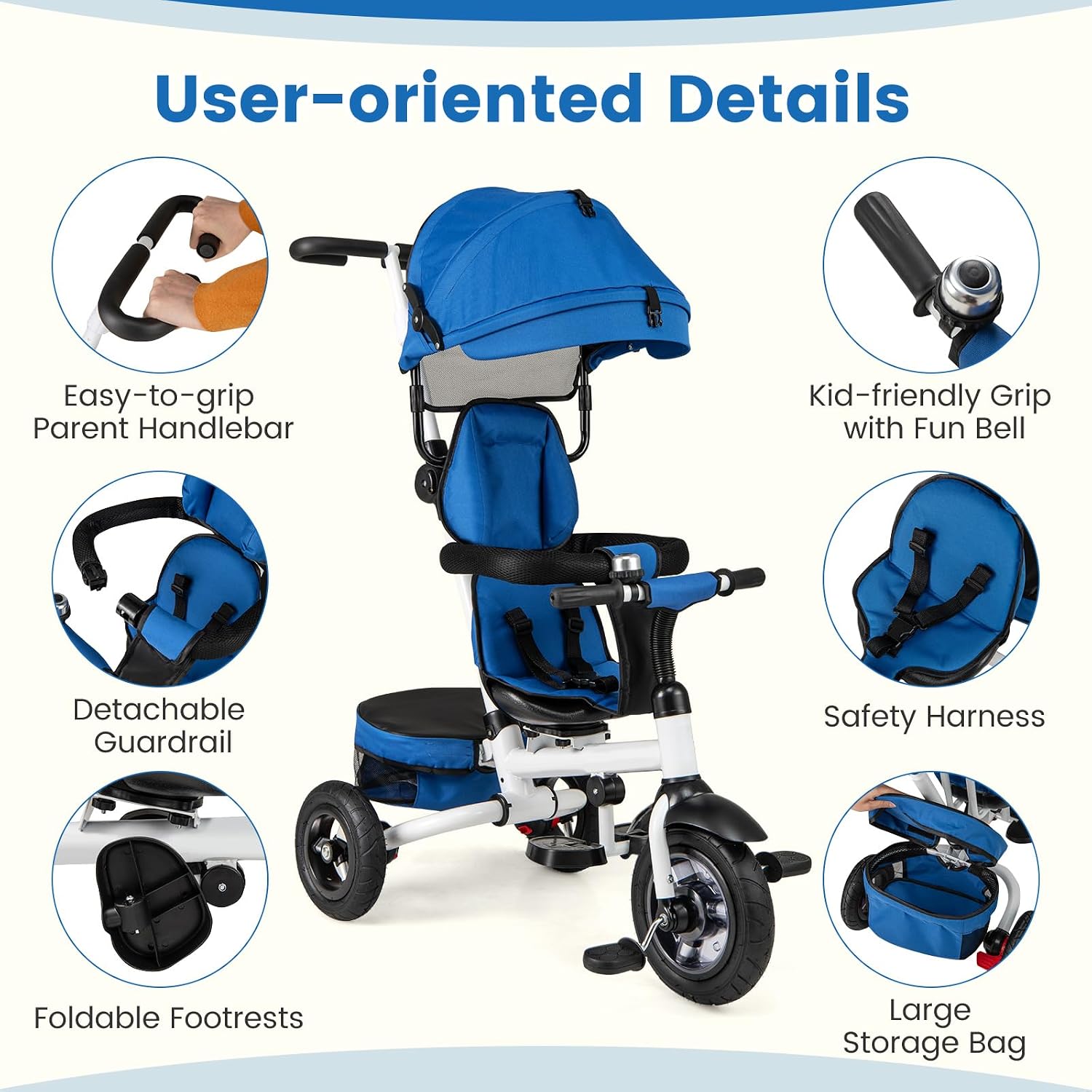 HONEY JOY Tricycle, 5-in-1 Folding Baby Trike Stroller w/Adjustable Handle & Canopy, Reversible Seat, Safety Belt, Folding Pedal, Bell, Storage, Push Tricycle for Toddlers 1-5 Years Old (Blue)