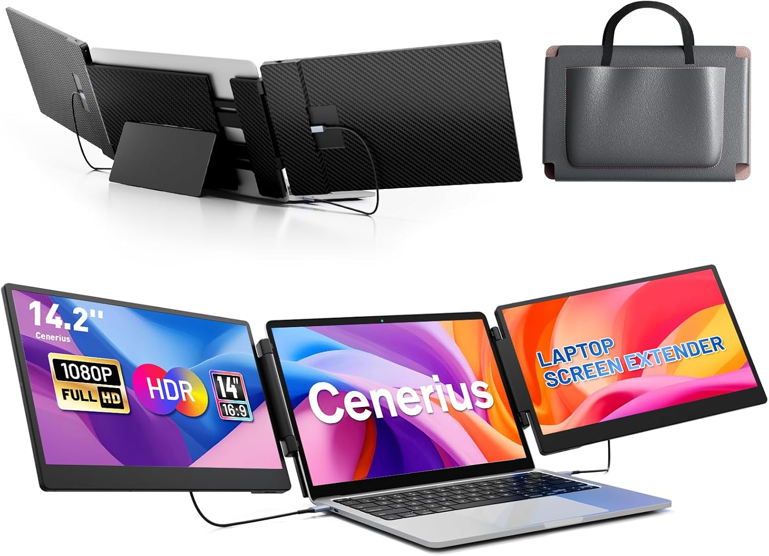 14.2' Laptop Screen Extender, FHD 1080P IPS Portable Monitor for Laptop, Triple Screen Monitor Extender, Compatible with 13'-17' Laptops, HDMI/USB-A/C Plug&Play for Windows, Mac, Android