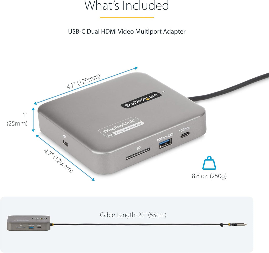 StarTech.com 7-in-1 USB C DisplayLink Dual Monitor Docking Station, 4K 60Hz HDMI Dock for MacBook M1 M2 M3 M4 & Windows, USB 10Gbps Hub, Gigabit Ethernet, SD, 100W PD, 22in (56cm) Cable