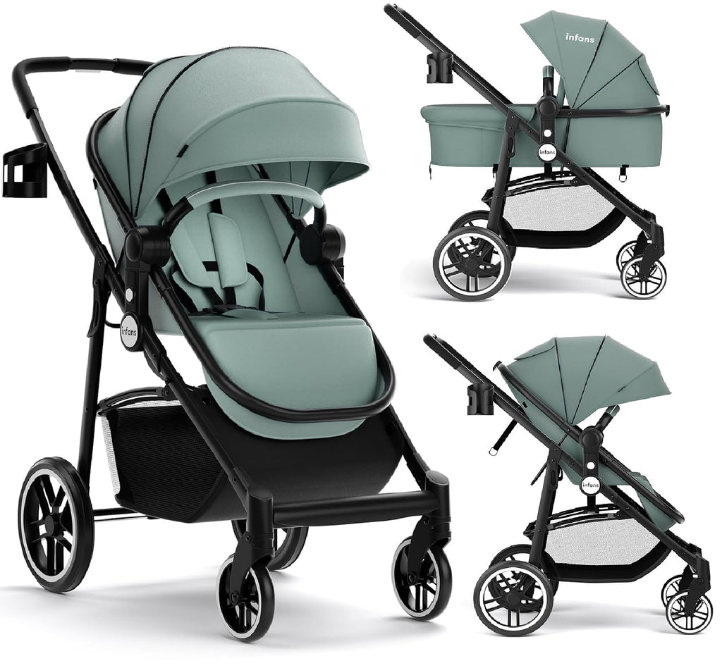 INFANS 2 in 1 Baby Stroller, High Landscape Infant Stroller & Reversible Bassinet Pram, Foldable Pushchair with Adjustable Canopy, Cup Holder, Storage Basket, Suspension Wheels (Green)