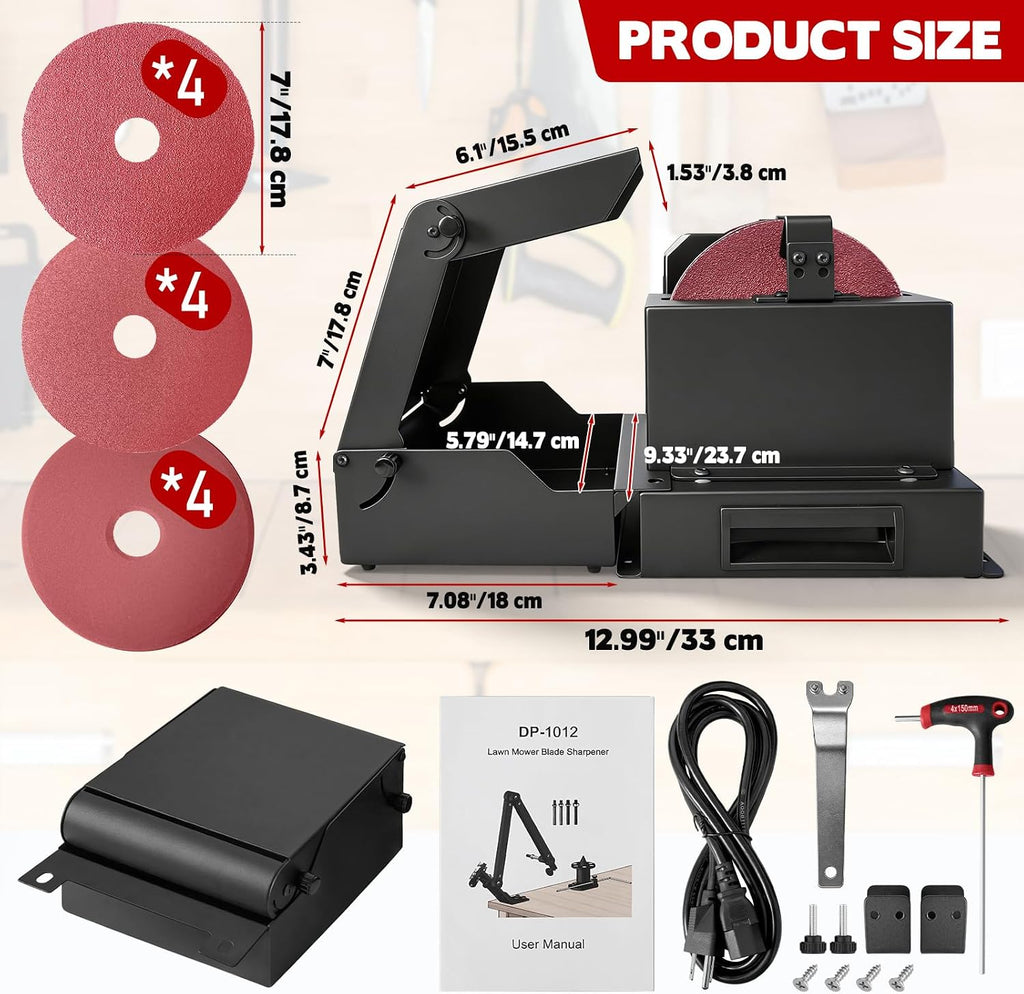Lawn Mower Blade Sharpener Machine, 7' Bench Grinder with Ceramic Wheel & Sanding Kit, Heavy Duty Blade Sharpening Tool for High Lift, Low Lift, Gator & Flat Blades