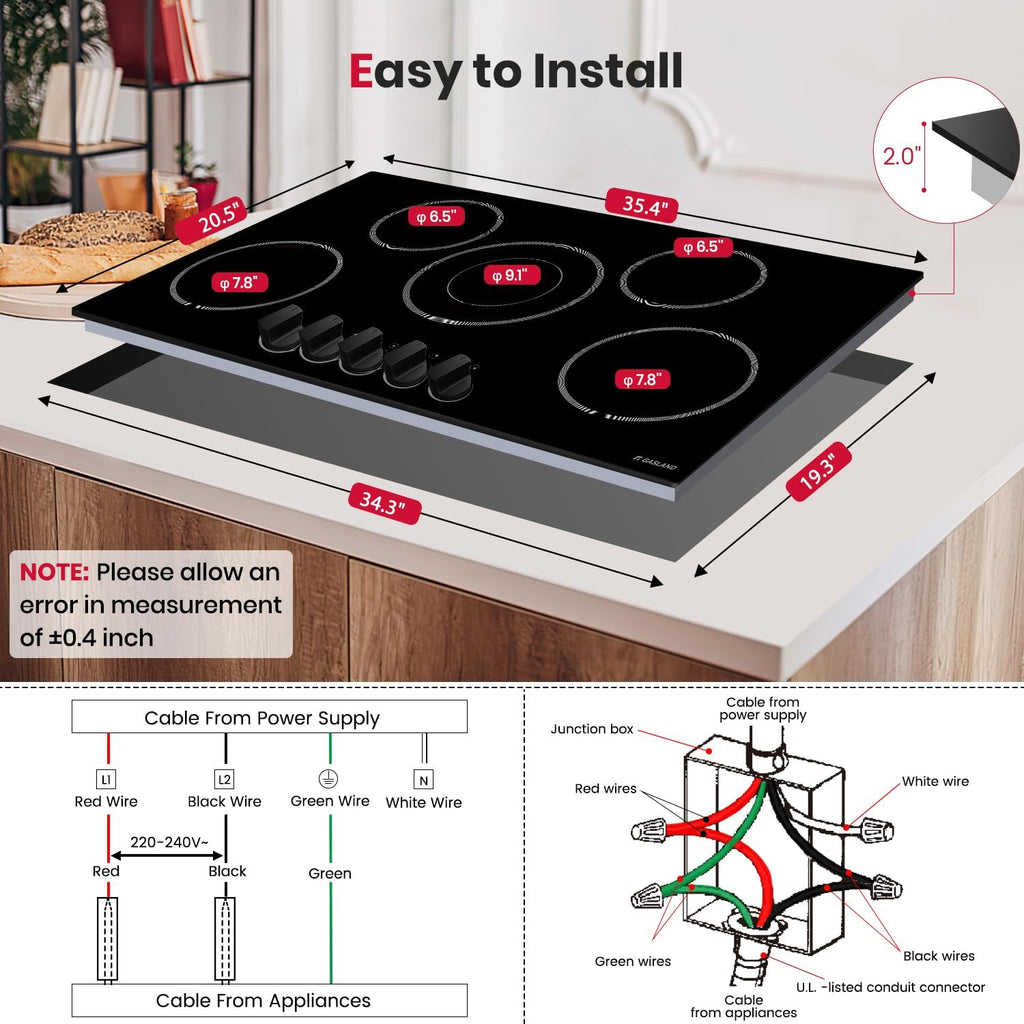 GASLAND 36 Inch Electric Cooktop, 8200W Drop-in Radiant Glass Stove Top CH90BS with 5 Burners, 220V Ceramic Electric Stovetop, 7 Power Levels, Mechanical Knob Control, Hot Warning, Hard Wire