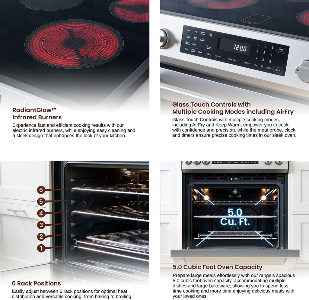 Rangaire RRE303GS 30' Glass Touch Electric Range Oven - Stainless Steel, Infrared Stove Burners, True Convection, Self Cleaning, Easy Reach Racks
