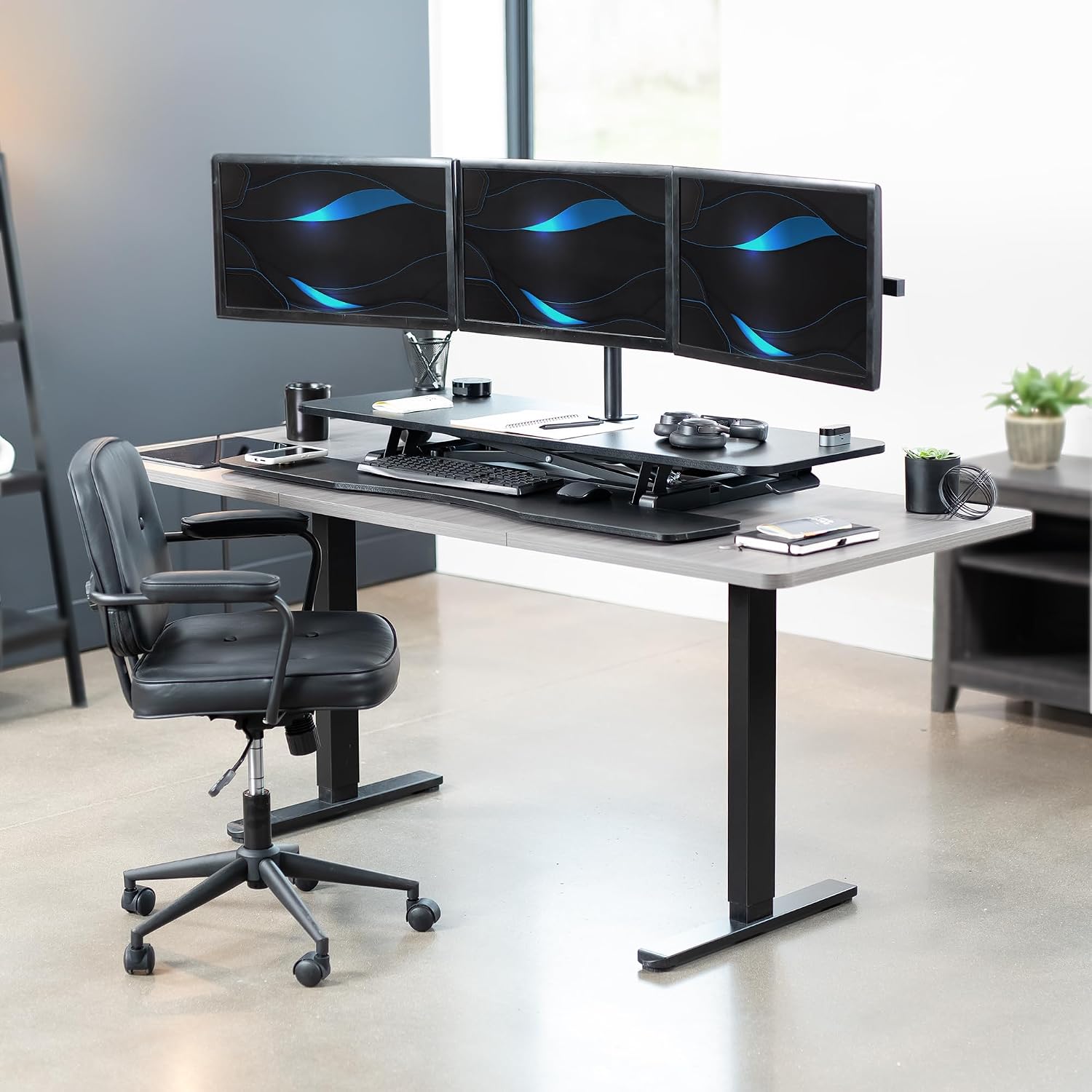 VIVO Height Adjustable 48 inch Standing Desk Converter with Triple 21.5 to 27 inch Monitor Mount, Extra Large Desk Riser, Black, DESK-KIT-48KB3C