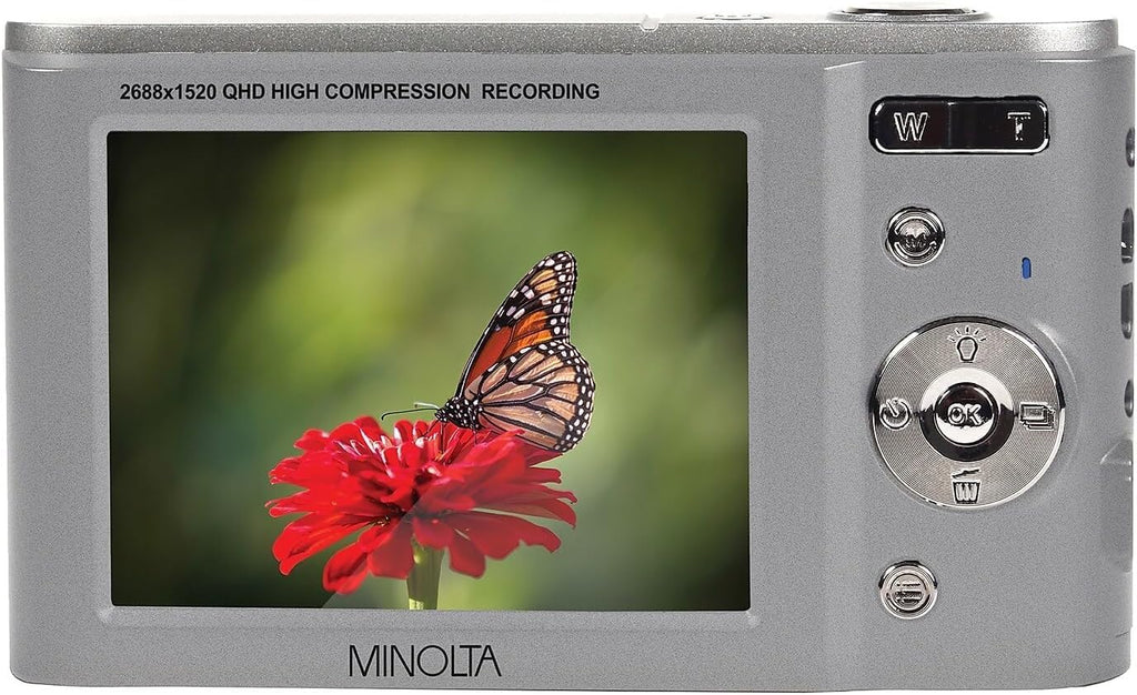 Minolta MND20 44 MP / 2.7K Quad HD Digital Camera (Silver) + 32GB Memory Card + 12 inch Flexible Tripod + Memory Card Wallet + USB Card Reader, SD/microSD + More