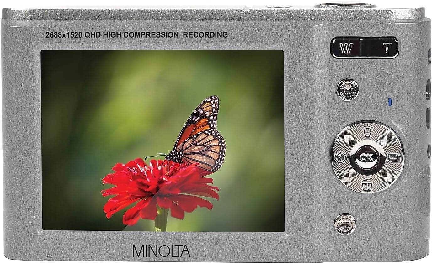 Minolta MND20 44 MP / 2.7K Quad HD Digital Camera (Silver) + 32GB Memory Card + 12 inch Flexible Tripod + Memory Card Wallet + USB Card Reader, SD/microSD + More