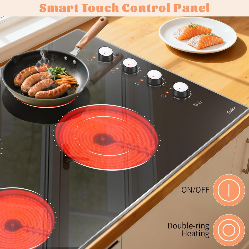 Electric Cooktop 30 Inch Hobsir, 4 Burner Electric Stove Top 6700W, Knob Control Built in Cook top, 30' Electric Stove Top Burner with Glass Protection Metal Frame, Double-ring burner, 220-240v