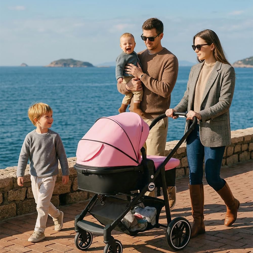INFANS 2 in 1 Baby Stroller, High Landscape Infant Stroller & Reversible Bassinet Pram, Foldable Pushchair with Adjustable Canopy, Storage Basket, Cup Holder, Suspension Wheels (Pink)