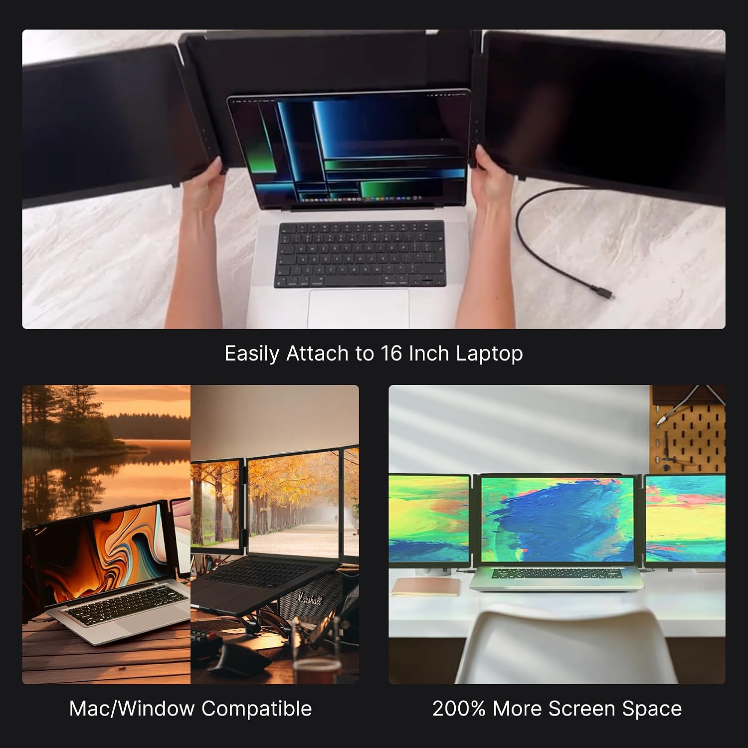 16' Pro Triple Laptop Screen Extender, Dual 16' 2k Portable Monitors, 144Hz, 100% DCI-P3, Compatible with 16' MacBook Pro M1, M2, M3, M4 & Windows Laptops, for Gaming, Creators, & Professional