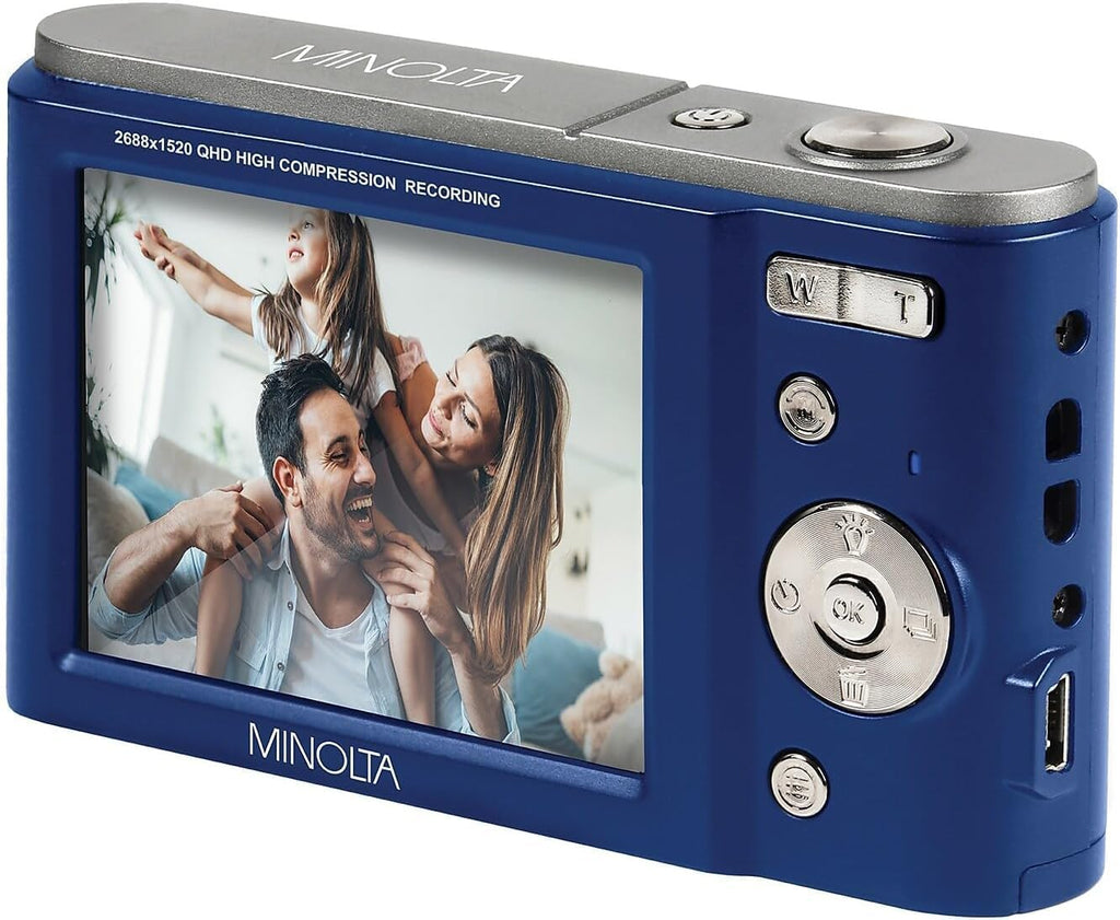 Minolta MND20 44 MP / 2.7K Quad HD Digital Camera (Blue) + 32GB Memory Card + 12 inch Flexible Tripod + Memory Card Wallet + USB Card Reader, SD/microSD + More
