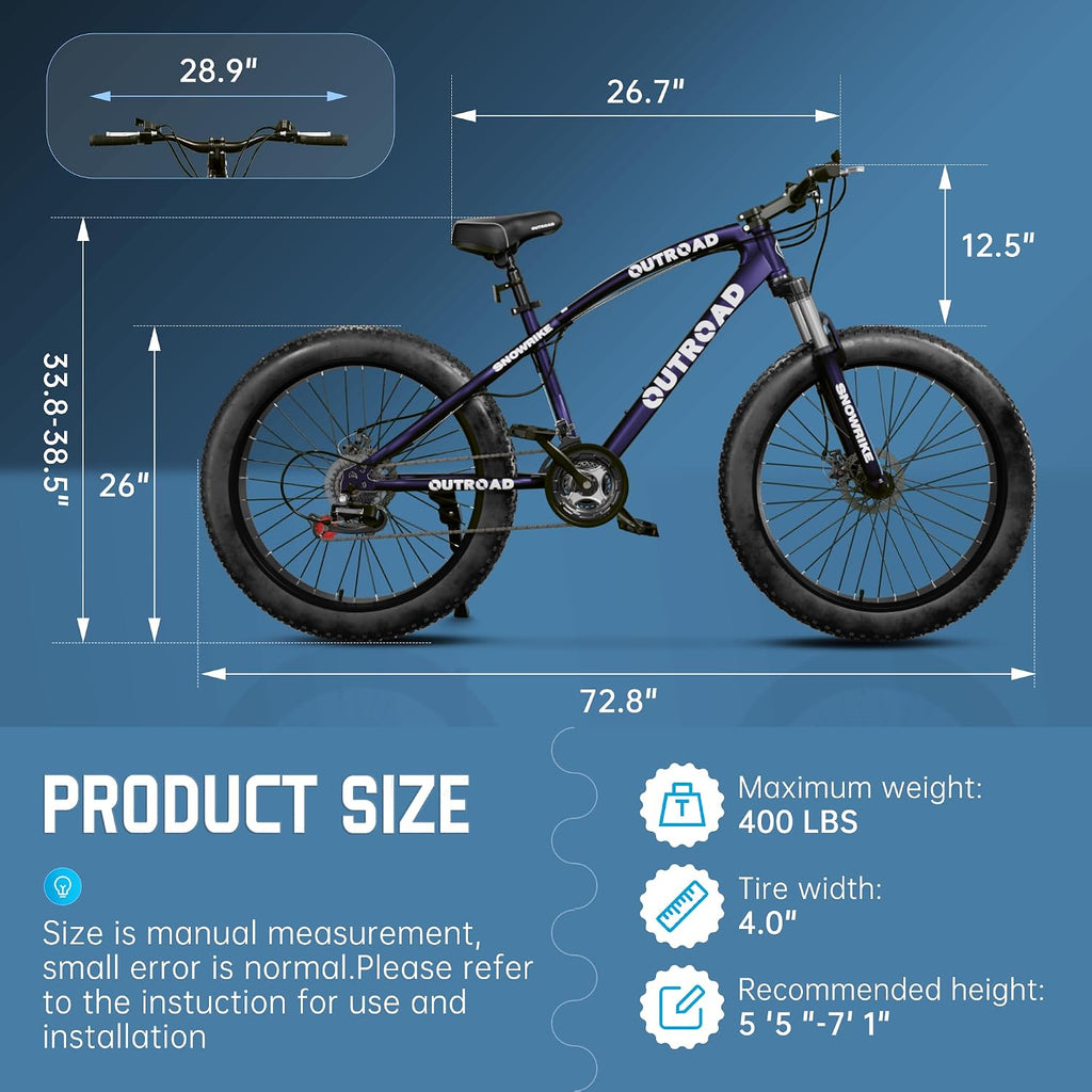 26' Fat Tire Mountain Bike with 4 inch Knobby Tires, 21 Speed MTB with Dual Disc Brake for Adults, Anti-Slip Bicycle, Black, White, Blue&Purple