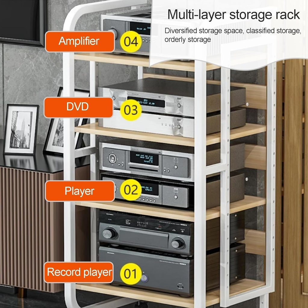 HiFi Rack Audio Cabinet for Media Component with Wheels and Adjustable Wooden Shelves Sturdy Storage Rack for Record Player, TV Box, Amplifier(White,50x42.5x70cm)