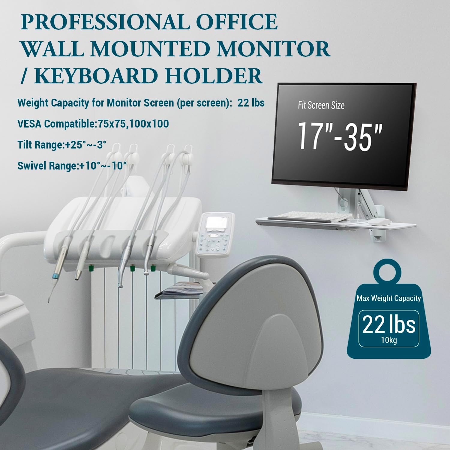 MyGift Wall Mounted White Metal Medical Grade Monitor Screen Workstation with Height Adjustable Arm, Keyboard & Extension Tray & Mouse Holder for Healthcare and Dental Clinics, Fits up to 35' Monitor
