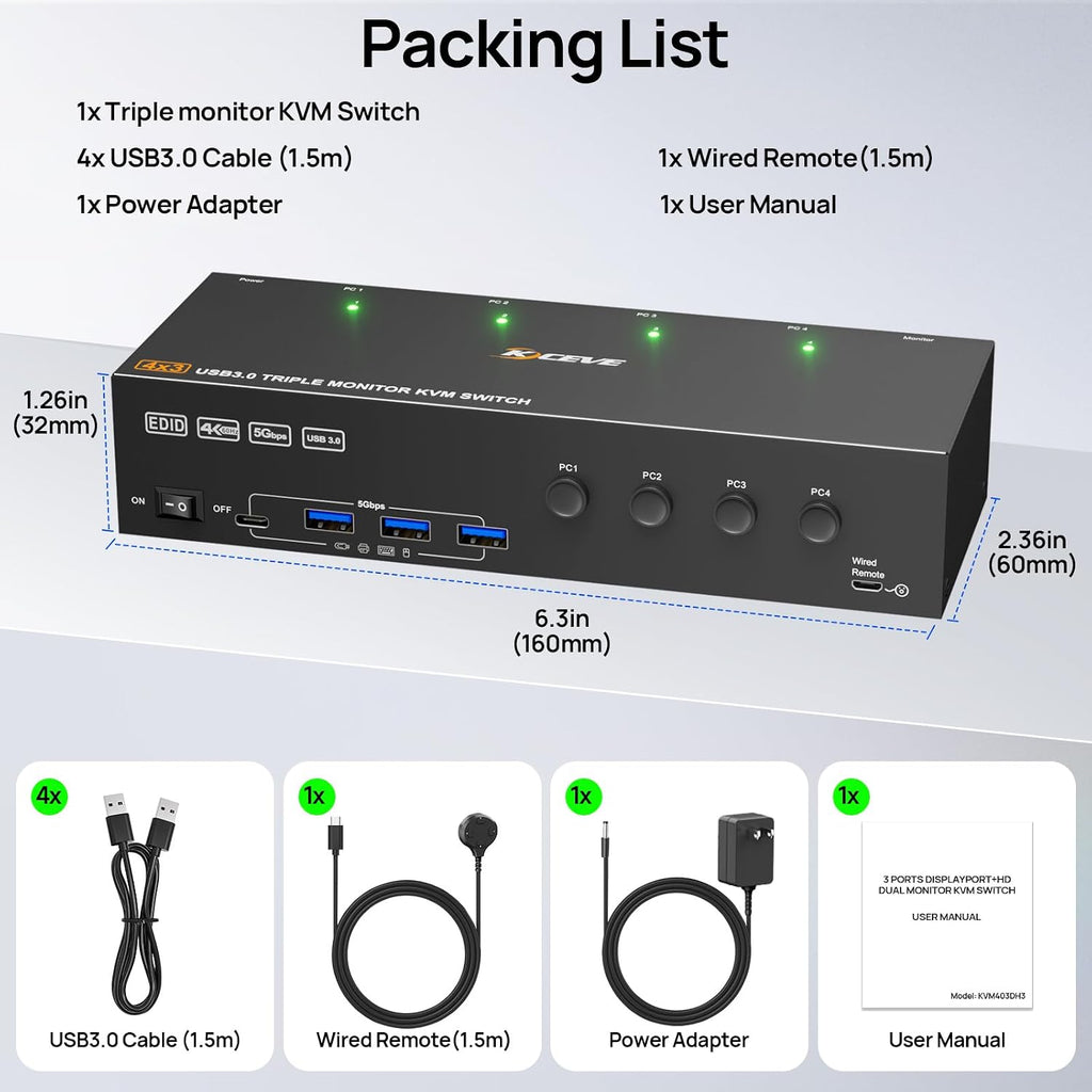KVM Switch 2 Monitors for 1 Laptop and 1 Desktop 4K@60Hz, USB C HDMI Dual Monitor KVM Switch,Docking Station KVM Switches with 4 USB 3.0 Port, 80W PD Charging, Wired Remote and USB-C Cable Included