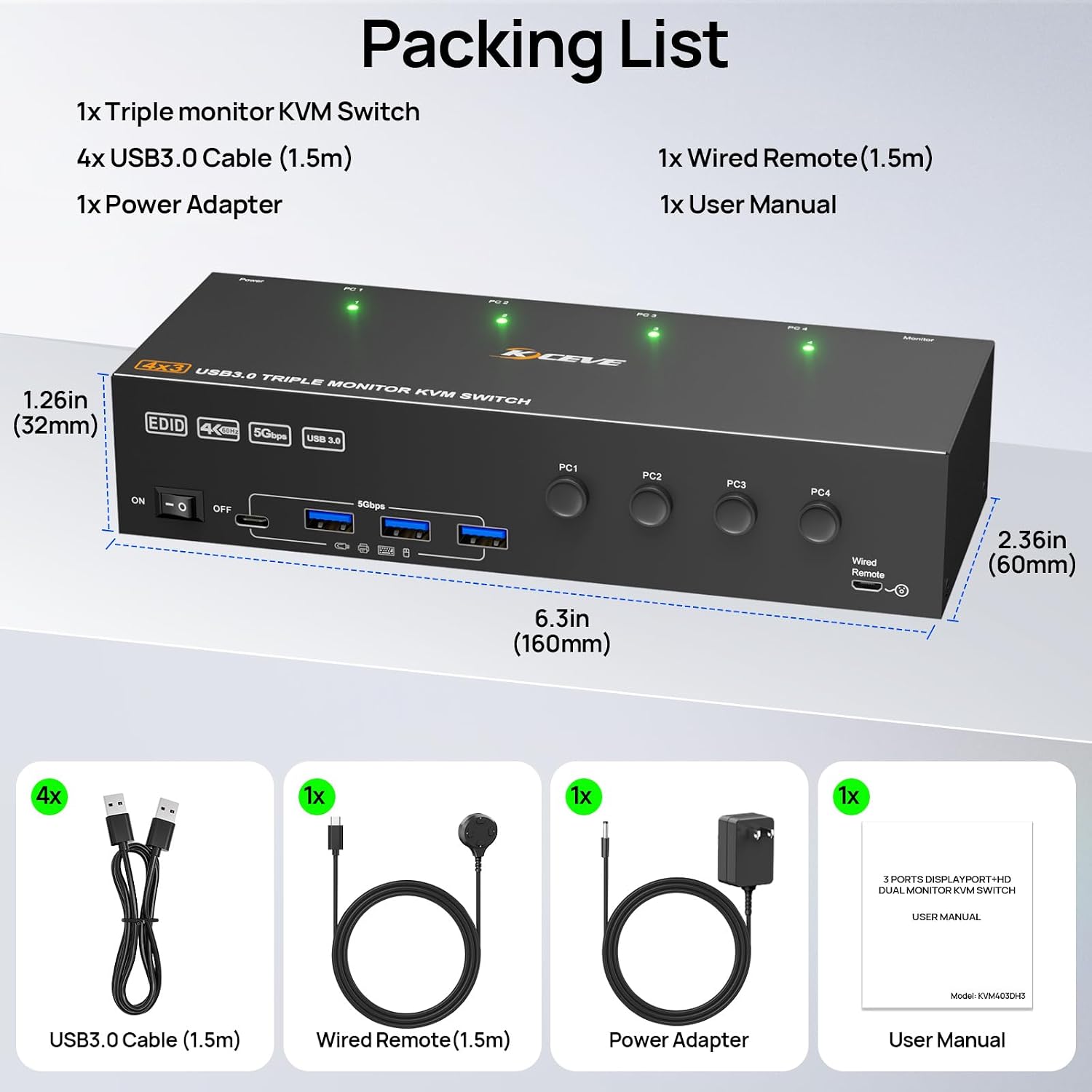 KVM Switch 2 Monitors for 1 Laptop and 1 Desktop 4K@60Hz, USB C HDMI Dual Monitor KVM Switch,Docking Station KVM Switches with 4 USB 3.0 Port, 80W PD Charging, Wired Remote and USB-C Cable Included