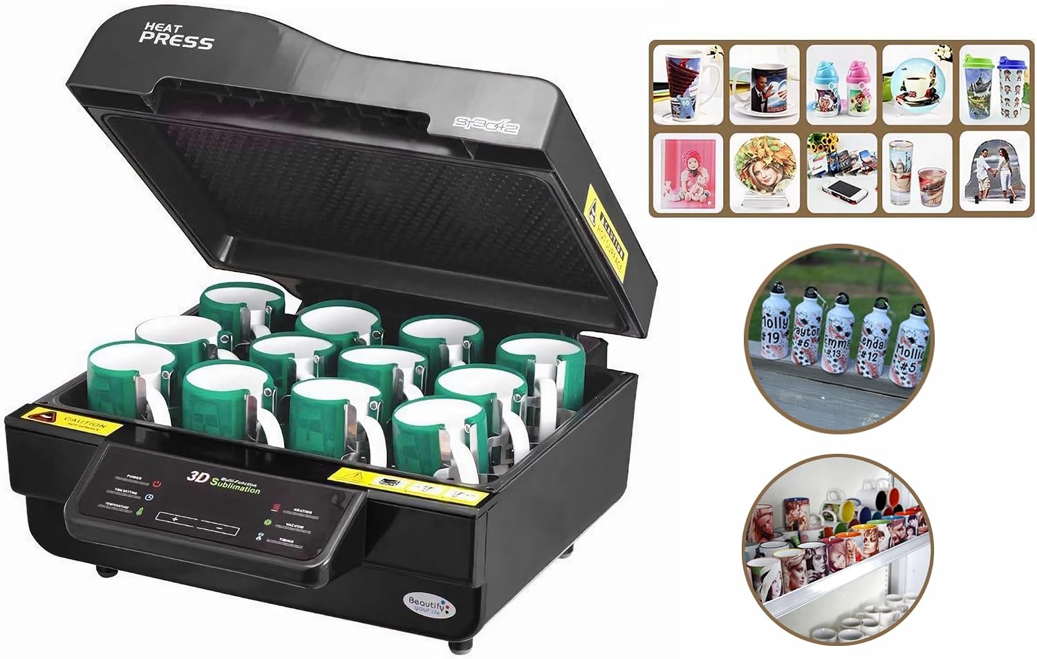 INTSUPERMAI 3D Vacuum Sublimation Heat Press Machine Muti-fuction Sublimation Machine Kit with 9 Pieces Rubber Clamp 2 Heat Resistant Tape for Mugs Transfering Printing 2800W