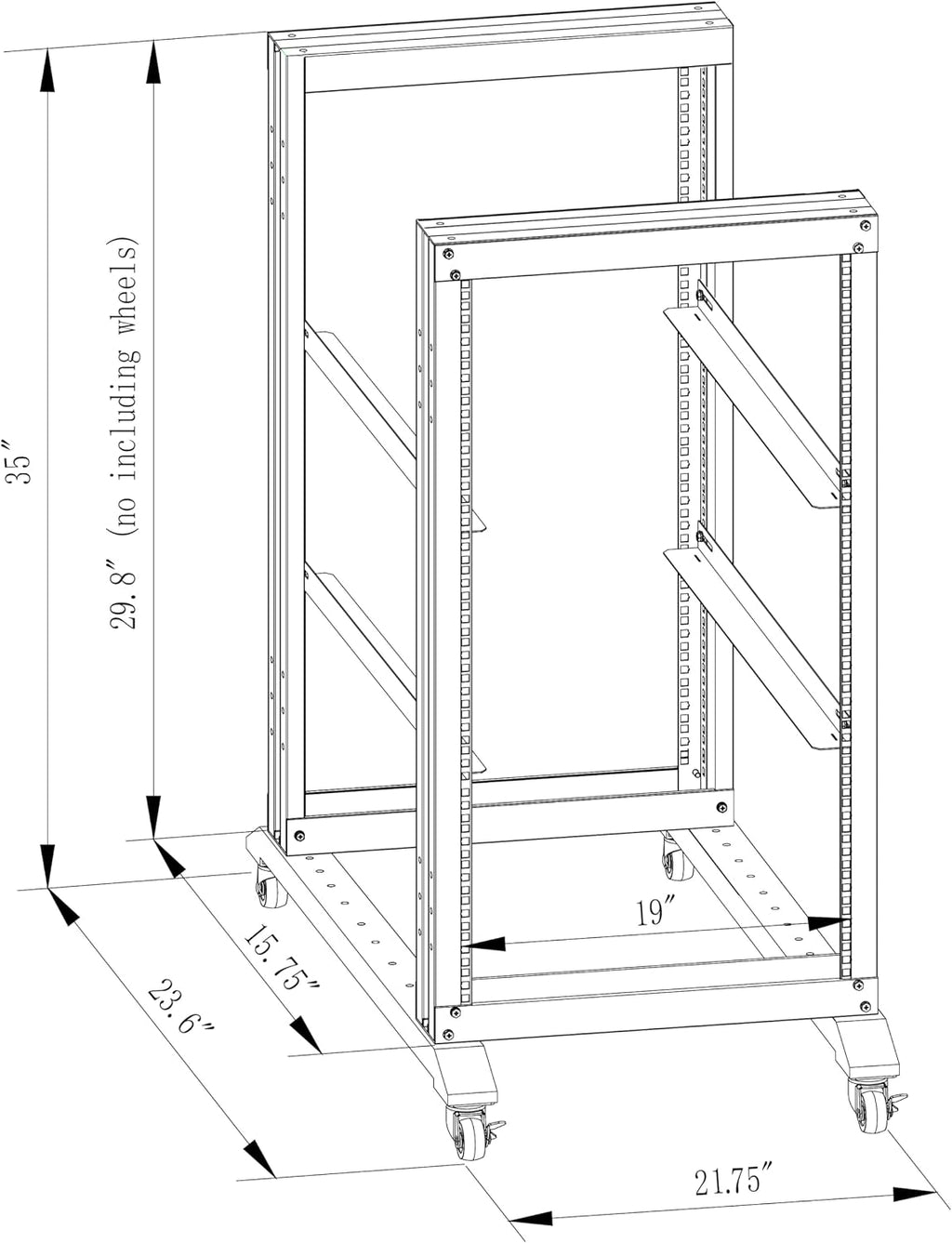 15U Server Rack/4-Post 19in Network Rack/Open Frame Rack with Wheels, Heavy-Duty Frame Cabinet/Adjustable Depth 15.75-13.75in GLOBALRACK(4POST-600-15U)