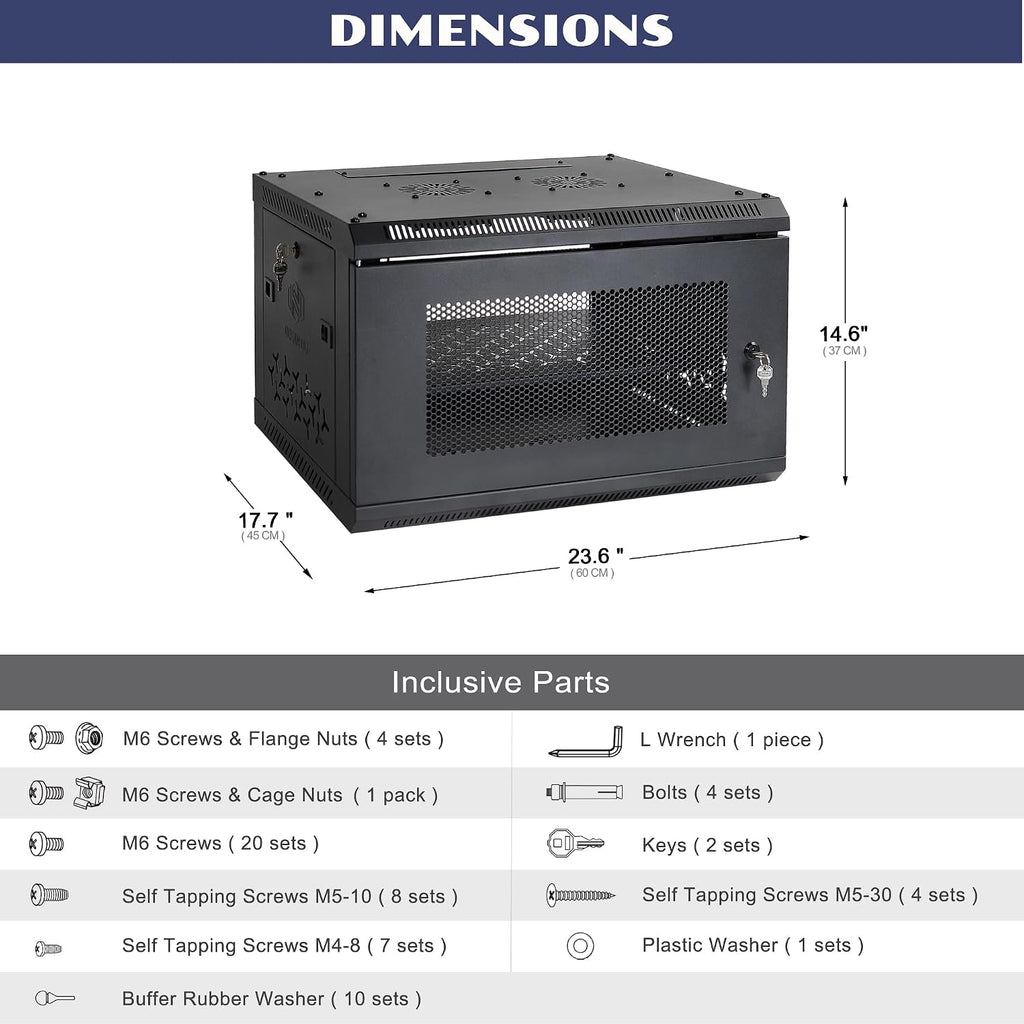 6U Wall Mount Server Cabinet with A Lockable Front Vented Door, Cooling Fans, Removable Side Panels - 45cm Depth, 19' Network Rack Including Full-Size Rack Shelf for IT Equipment