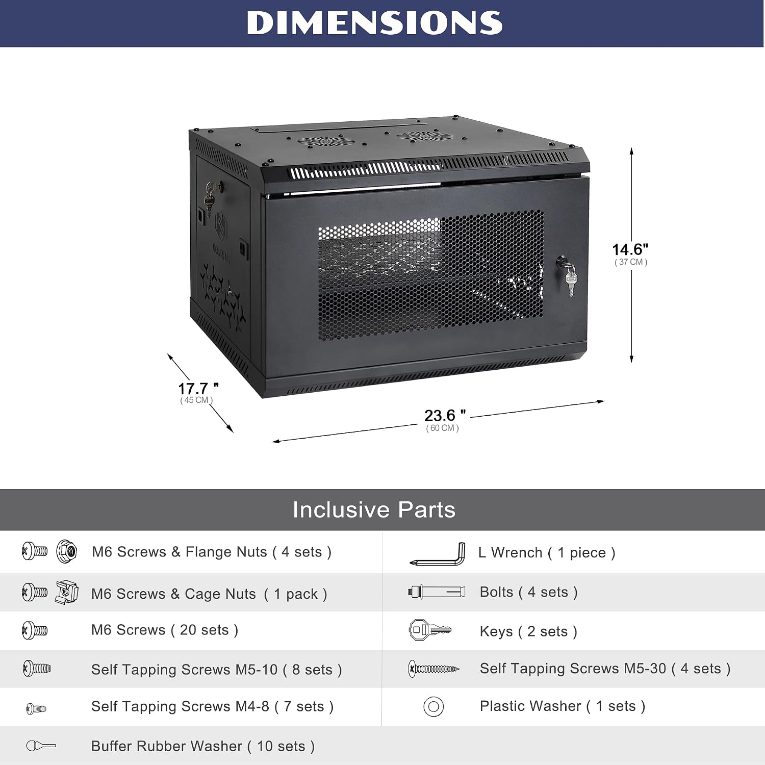 6U Wall Mount Server Cabinet with A Lockable Front Vented Door, Cooling Fans, Removable Side Panels - 45cm Depth, 19' Network Rack Including Full-Size Rack Shelf for IT Equipment