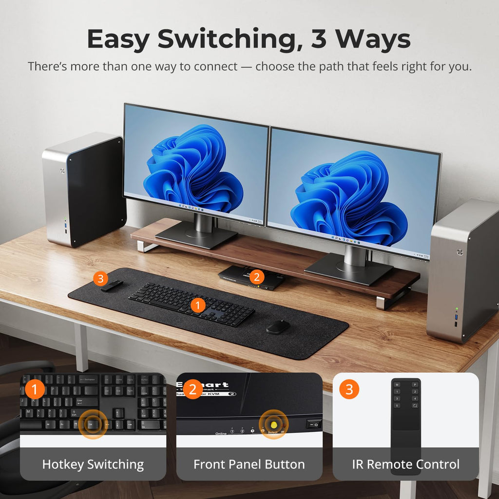 TESmart HDMI KVM Switch 2 Monitors 2 Computers 4K@60Hz, USB 2.0, Dual Monitor KVM Switch HDMI 2 Port Extended Display, EDID emulators, L/R Audio, Hotkey Switch, Button Switch with All Input Cables