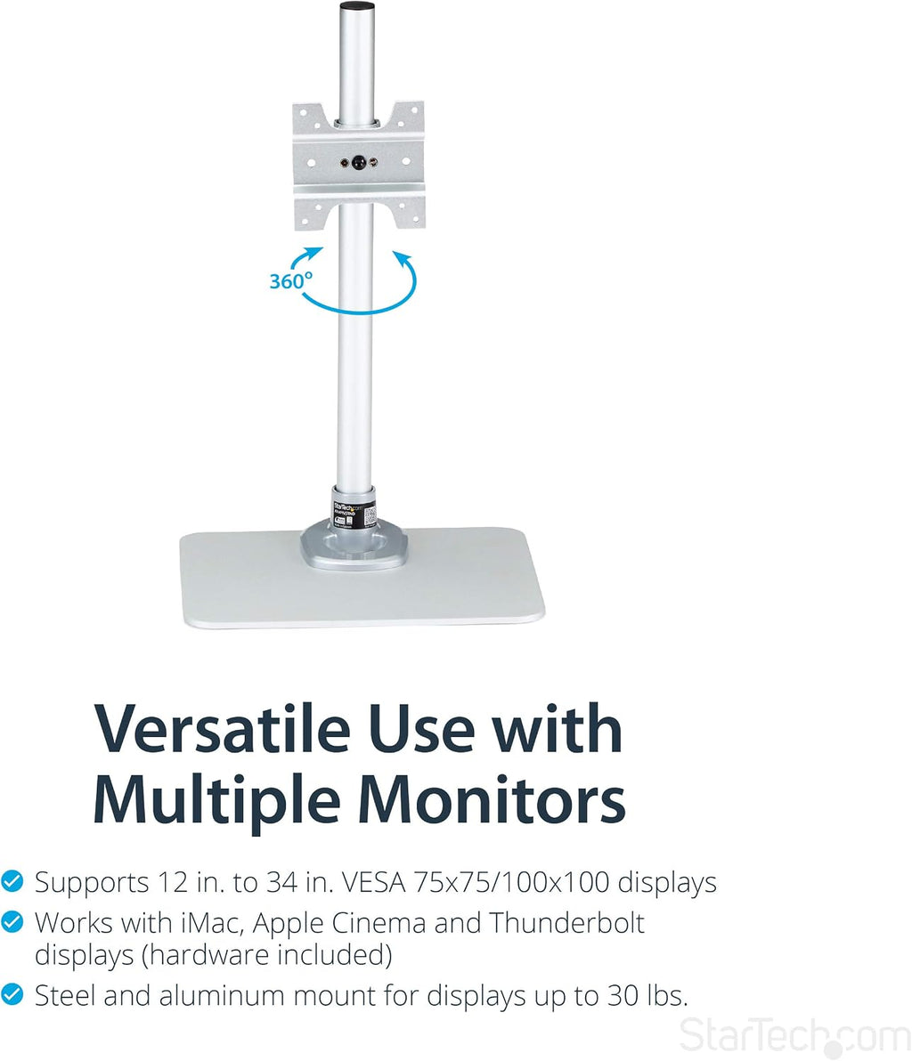 StarTech.com Single Monitor Stand, Adjustable, Supports UHD, iMac and Apple Thunderbolt Displays from 12'' to 34' (30.9lb/14kg), Premium Single Screen VESA Monitor Mount Stand, Silver, TAA