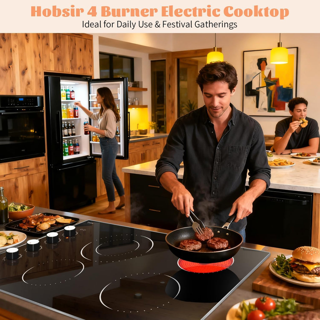 Electric Cooktop 30 Inch Hobsir, 4 Burner Electric Stove Top 6700W, Knob Control Built in Cook top, 30' Electric Stove Top Burner with Glass Protection Metal Frame, Double-ring burner, 220-240v