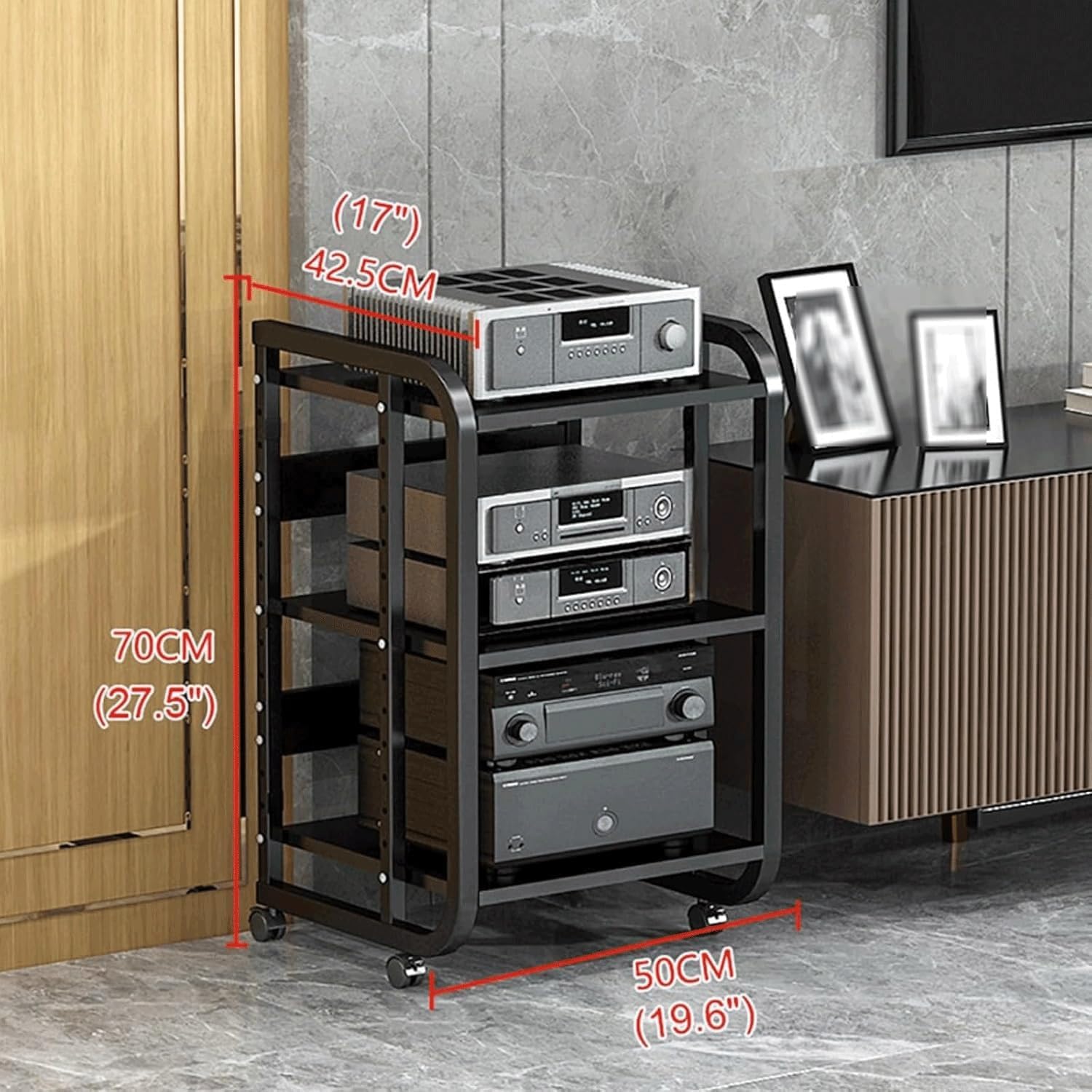 Audio Rack with Wheels Stereo Rack Audio Equipment Rack Audio Movable Stereo Shelf Wooden Open Adjustable Audio-Video Shelving(Wei�,3 Tier)