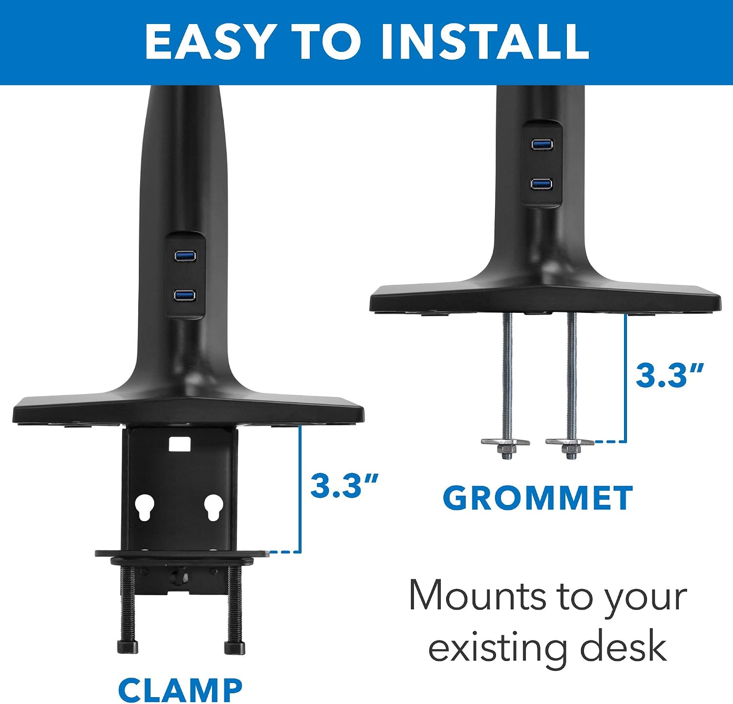 Mount-It! Dual Monitor Arm Desk Mount Sit-Stand Workstation with 2 USB 3.0 Ports, Height Adjustable 23.1–42.9', Fits Two 17–27' Screens, 13.2 lbs Each, VESA 75x75 100x100, Clamp or Grommet