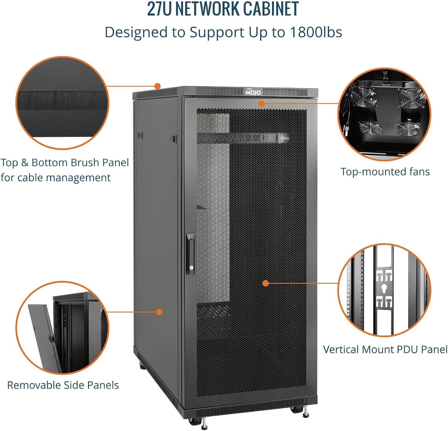 Tecmojo Network Rack Cabinet,27U Server Rack,31.5 Inch Depth,Hold Up to 1800Lbs,Lockable Cabinet with Casters and Complete Accessories,Mesh Door,for Home,Office,Small Business (27U 23.6' w*31.5' d)