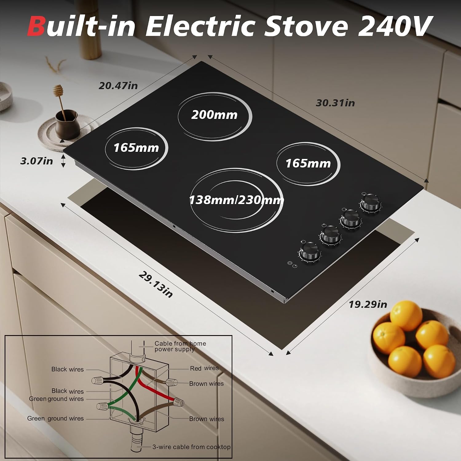 30 Inch Electric Cooktop 4 Burners with Knob Control,6700W Built-in Radiant Electric Cooktop, 9 Power Levels, Hot Warning, 220V Hard Wire(No Plug)