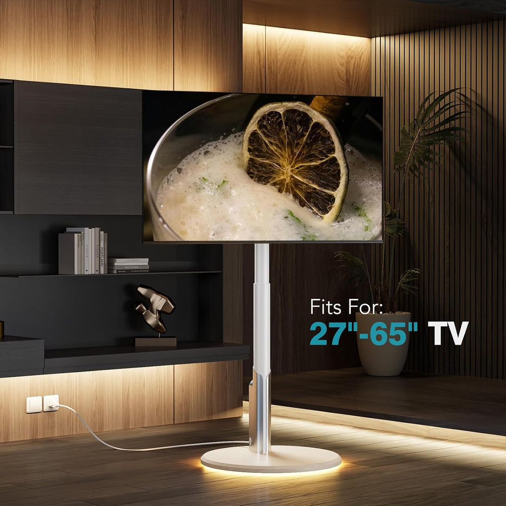 Floor Mobile TV Stand with Power Outlet, Rolling TV Cart for 27-65 Inch OLED LED Monitors, 6 Levels of Height Adjustment, Ambient Lighting on the Bottom Wheels Holds up to 88lbs, 400x400mm