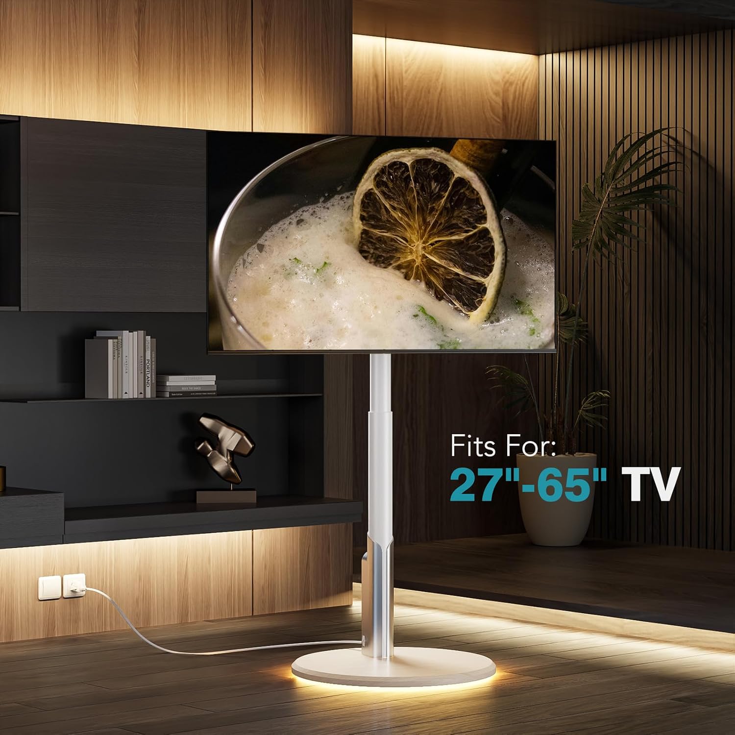 Floor Mobile TV Stand with Power Outlet, Rolling TV Cart for 27-65 Inch OLED LED Monitors, 6 Levels of Height Adjustment, Ambient Lighting on the Bottom Wheels Holds up to 88lbs, 400x400mm