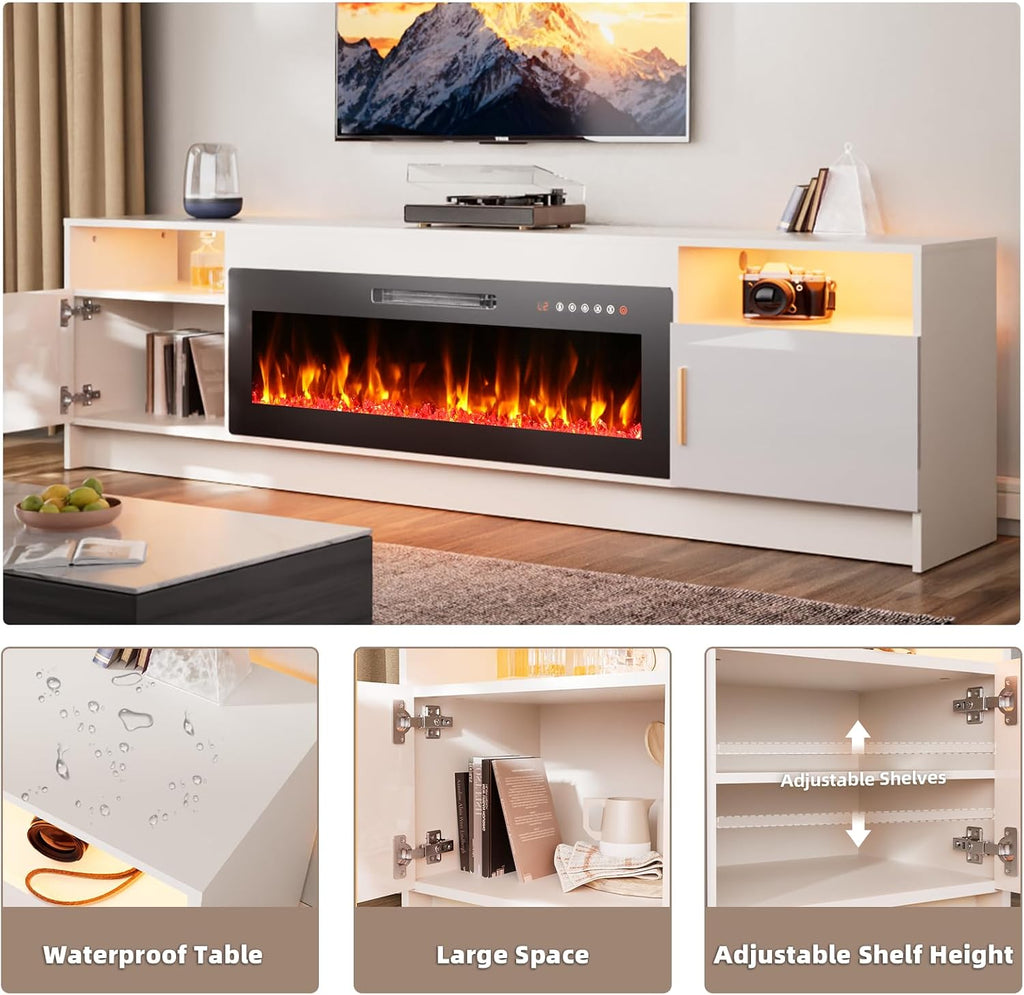 EAG 80' Electric Fireplace TV Stand with 42 inch Fireplace Up to 90' TVs, Entertainment Center with with Storage Cabinet & LED Lights, Modern Media Console for Living Room, White