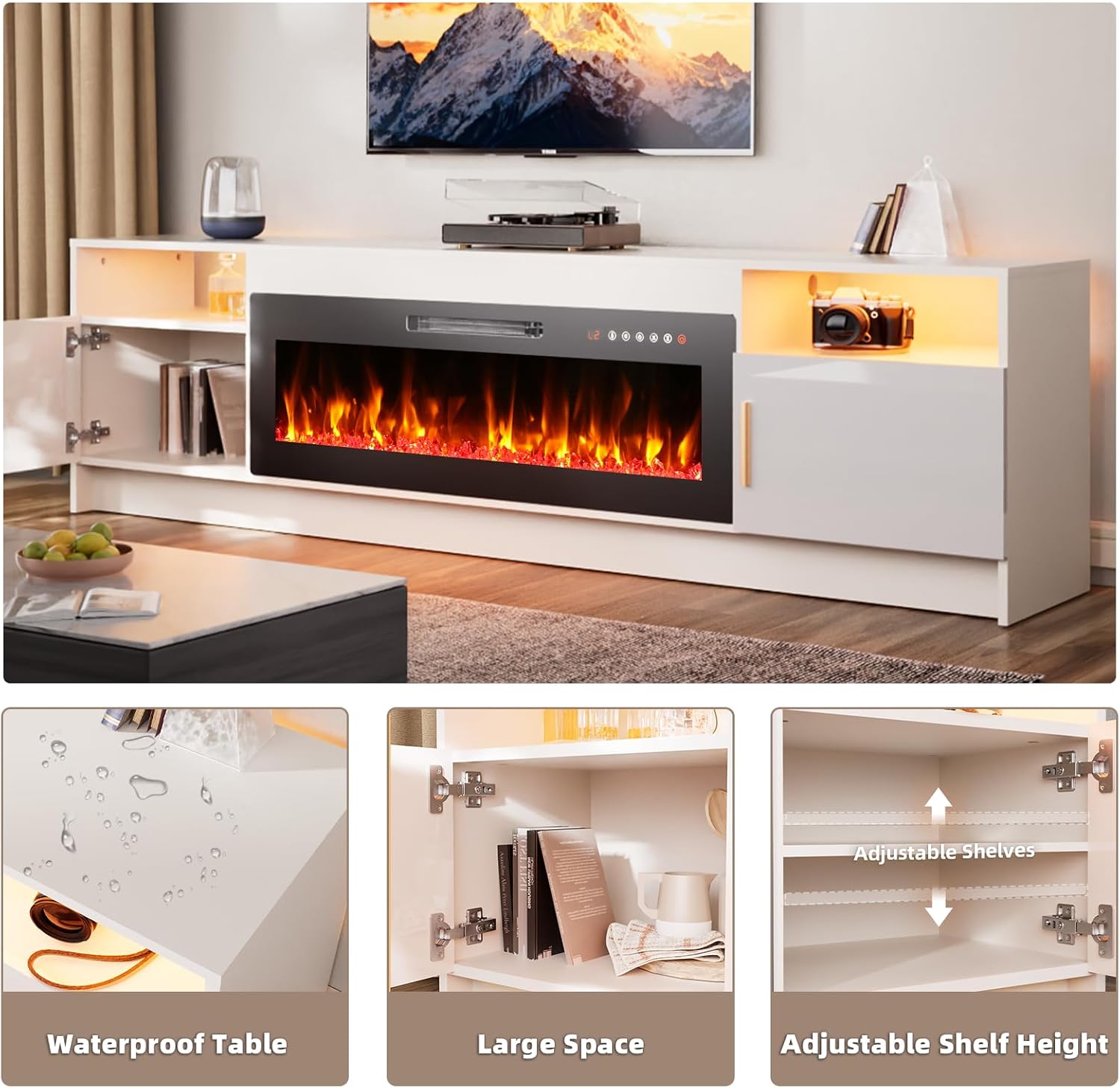 EAG 80' Electric Fireplace TV Stand with 42 inch Fireplace Up to 90' TVs, Entertainment Center with with Storage Cabinet & LED Lights, Modern Media Console for Living Room, White