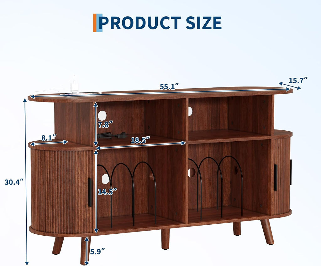 Garvee 55'' Fluted Mid Century Modern Turntable Cabinet with Vinyl Storage, Large Round Record Player Stand with Charging Station and Display Shelf, Arched Wood Record Player Table for Living Room