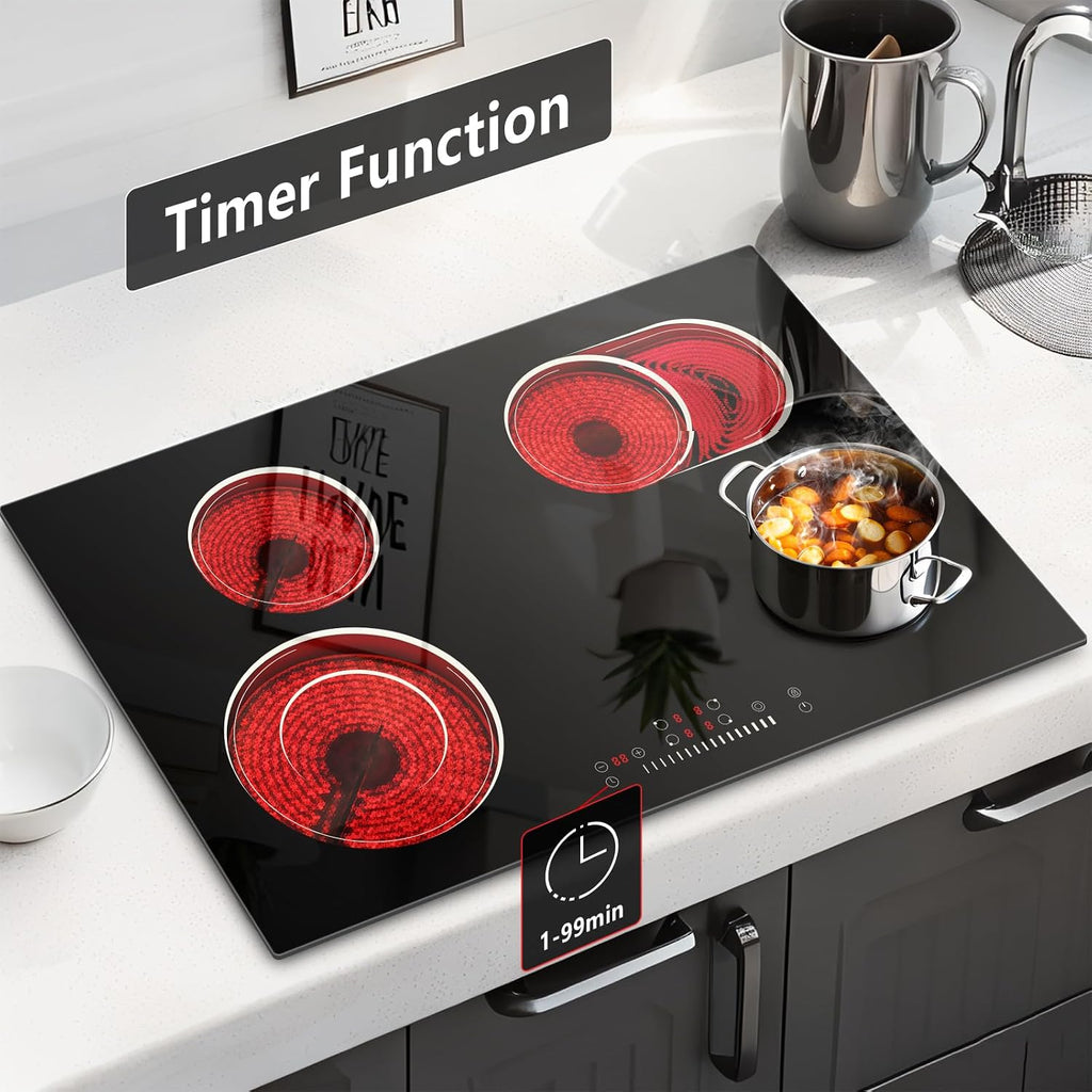 30 Inch Electric Cooktop 4 Burners with Slide Control, 6600W Built-in Radiant Electric Cooktop, 9 Power Levels, Hot Warning, 220V Hard Wire(No Plug)