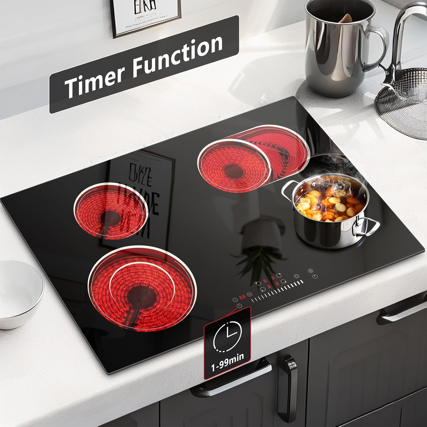 30 Inch Electric Cooktop 4 Burners with Slide Control, 6600W Built-in Radiant Electric Cooktop, 9 Power Levels, Hot Warning, 220V Hard Wire(No Plug)