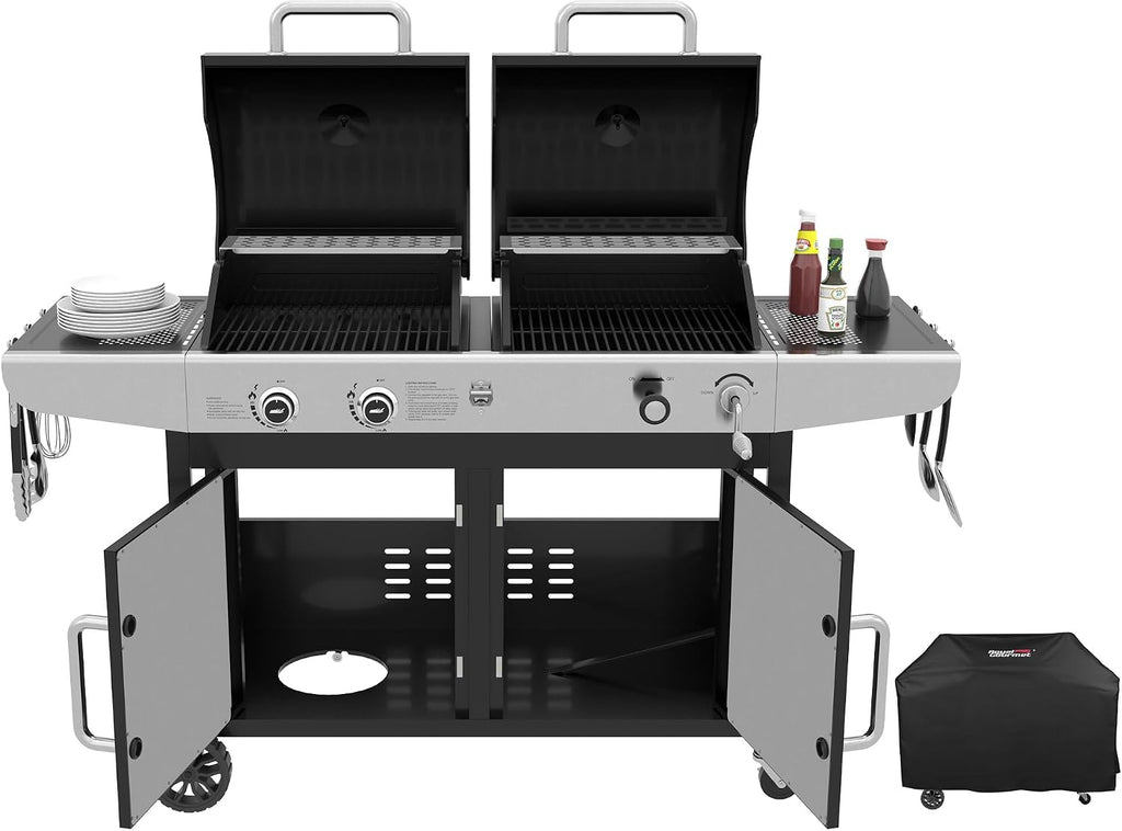 Royal Gourmet ZH3002C Propane Gas and Charcoal Grill Combo with Cover, Dual Fuel Outdoor BBQ Grill with 2 Side Shelves for Patio Garden Picnic Backyard Cooking, 20,000 BTUs, Black