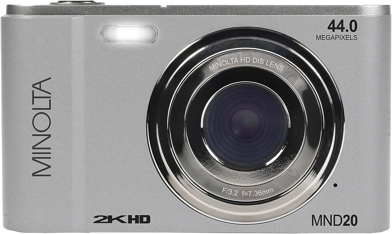Minolta MND20 44 MP / 2.7K Quad HD Digital Camera (Silver) + 32GB Memory Card + 12 inch Flexible Tripod + Memory Card Wallet + USB Card Reader, SD/microSD + More