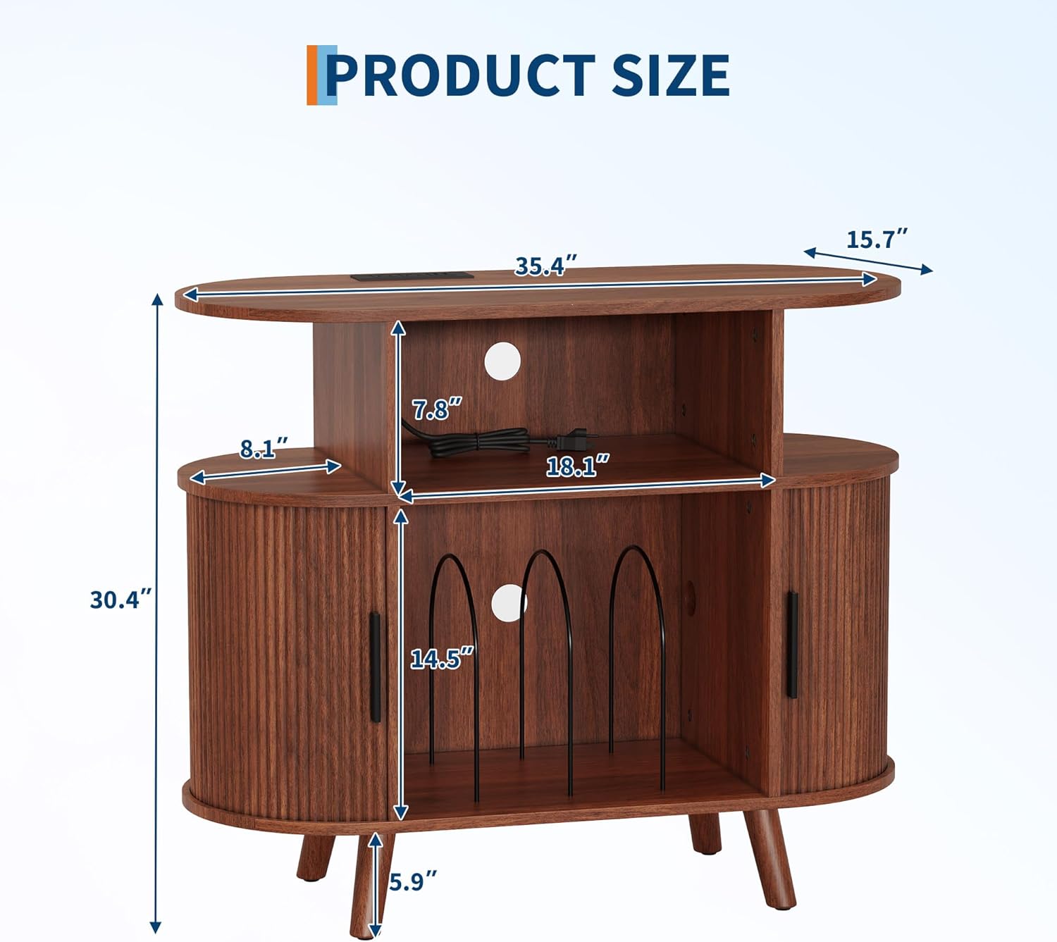 Garvee 35'' Fluted Mid Century Modern Turntable Cabinet, Large Round Record Player Stand with Charging Station and Display Shelf, Arched Wood Record Player Table for Living Room